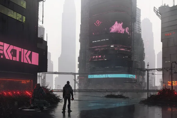 A neon oppressive cyberpunk sprawl, scenery, skyscrapers, raining, homeless people, science fiction