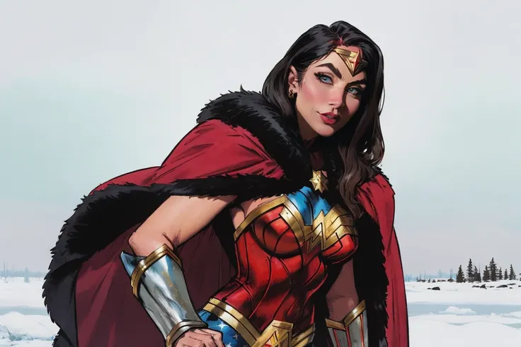 Masterpiece, best quality,wonder woman wearing furs and cape in a frozen tundra, upper body