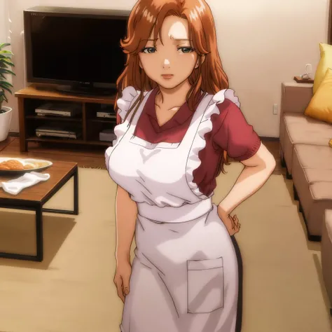 sagara_kyouka, lounge, tv, couch, standing, apron <lora:sagara_kyouka_v1:0.8>, masterpiece, best quality