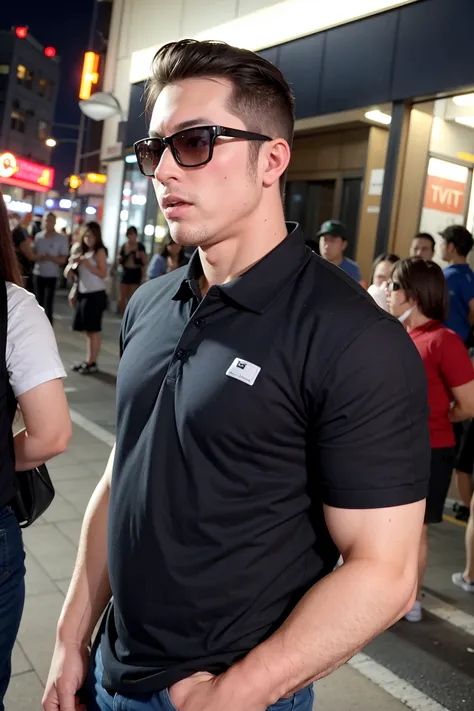 masterpiece, best quality, photorealistic, 1boy, adult male, stocky build, polo shirt, sunglasses, in crowded and bustling downtown at night