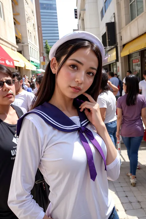 masterpiece, best quality, photorealistic, Tunisian, 1girl, adult woman, sailor shirt, purple ribbon, (in crowded and bustling downtown at day)