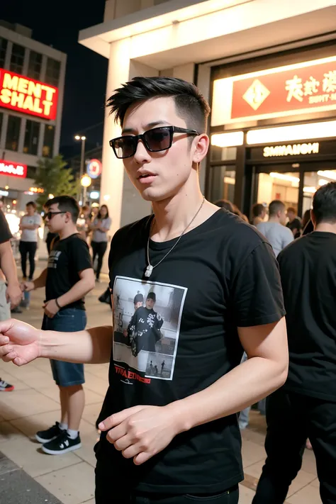 masterpiece, best quality, photorealistic, 1boy, adult male, stocky build, T-shirt, sunglasses, in crowded and bustling downtown at night