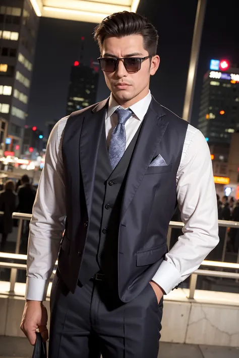masterpiece, best quality, photorealistic, 1boy, adult male, stocky build, notched collar, vest, sunglasses, in crowded and bustling downtown at night