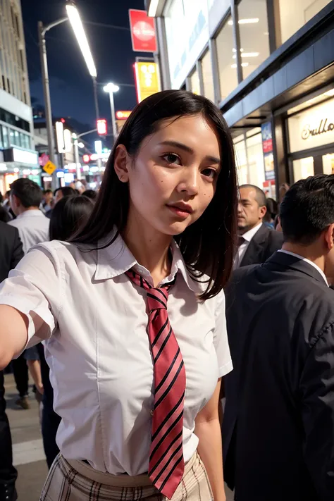 masterpiece, best quality, photorealistic, Niuean, 1girl, adult woman, collared_shirt, vertical stripes, necktie, (in crowded and bustling downtown at night)