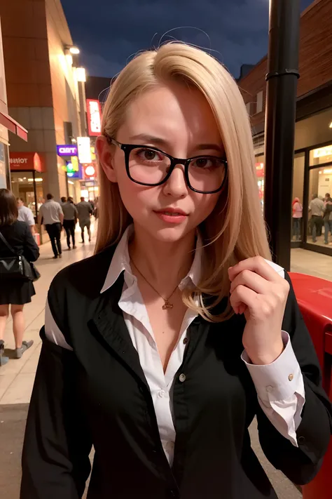 masterpiece, best quality, photorealistic, Swiss, 1girl, adult woman, collared_shirt, colored glasses, (in crowded and bustling downtown at night)