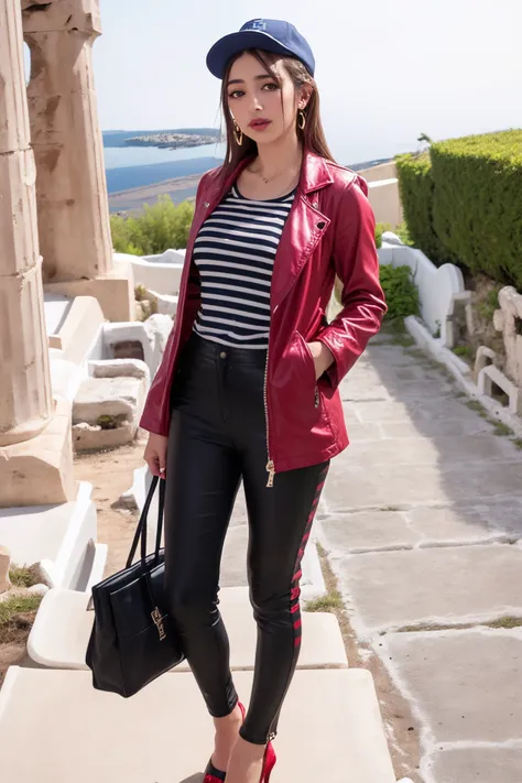masterpiece, best quality, highly detailed, ultra high res, (photorealistic:1.8), unreal_engine, photograph, realistic_skin_texture, 8K, HDR, raw photo, (Greek woman:1.8), solo, (striped, pants, shirt, holding, striped shirt, umbrella, bag, jacket, black pants, black footwear, handbag, standing, earrings, jewelry, full body, holding bag, long sleeves, high heels, red jacket, fashion, hat), ultra face detailed, outdoors