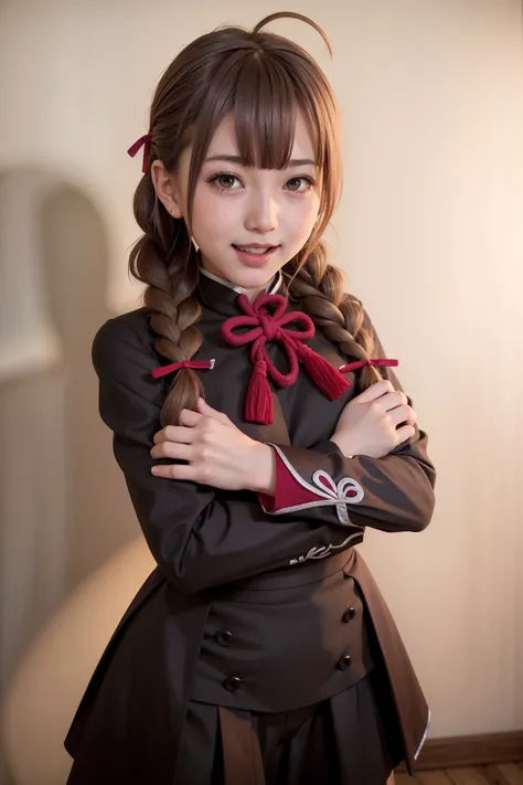 masterpiece, best quality, photorealistic, <lora:kancolle_shinshuu-12:1.0>, 1girl, shinshuu maru, solo, ahoge, twin braids, hair ribbon, cowboy shot, looking at viewer, slight smile, open mouth, arms behind head, own hands together