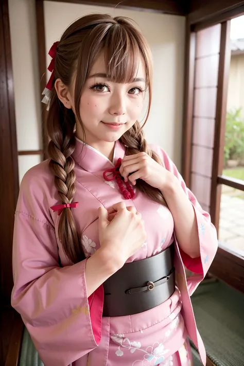 masterpiece, best quality, photorealistic, <lora:kancolle_shinshuu-12:1.0>, 1girl, shinshuu maru, solo, ahoge, twin braids, hair ribbon, portrait, looking at viewer, smile, blush, closed mouth, japanese clothes, kimono, east asian architecture, index finger raised
