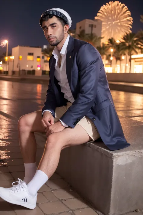 masterpiece, best quality, highly detailed, ultra high res, (photorealistic:1.8), unreal_engine, photograph, realistic_skin_texture, 8K, HDR, raw photo, (Libyan men:1.8), solo, (sitting, shoes, sparkler, socks, shirt, white socks, coat, fireworks, sneakers, skirt, blue shirt, long sleeves, hand between legs, full body, white skirt, night, water, bangs, grey coat), ultra face detailed, outdoors