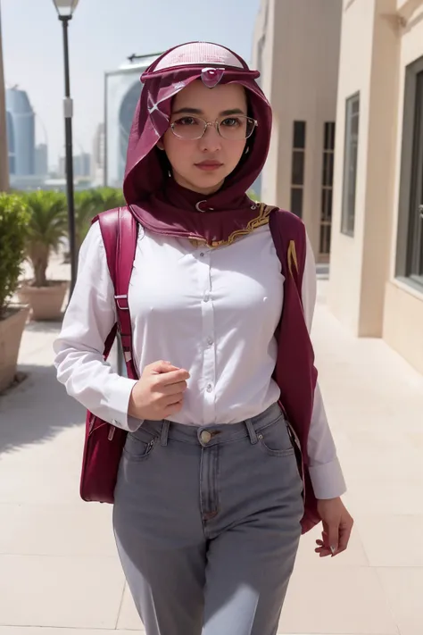 masterpiece, best quality, highly detailed, ultra high res, (photorealistic:1.8), unreal_engine, photograph, realistic_skin_texture, 8K, HDR, raw photo, (Qatari woman:1.8), solo, (glasses, backpack, bag, adjusting eyewear, jacket, black-framed eyewear, desk, shirt, grey jacket, pants, looking at viewer, long sleeves, grey pants, standing, book, white shirt, parted lips, lips), ultra face detailed, outdoors