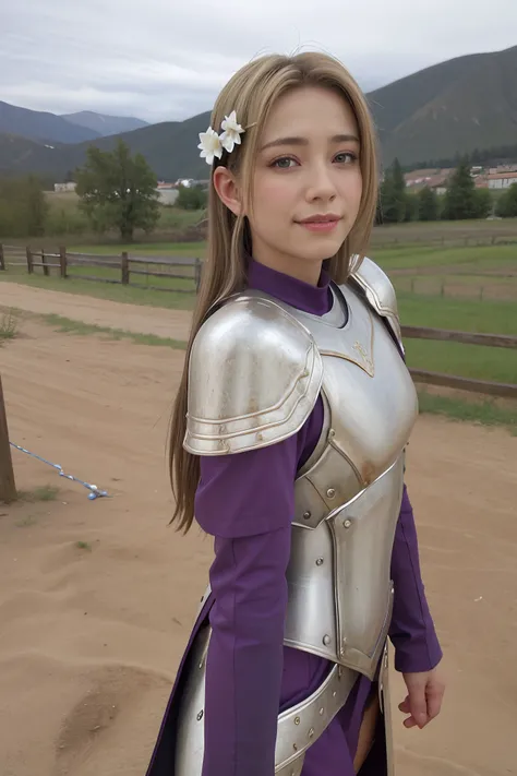 masterpiece, best quality, photorealistic, <lora:JoanOfArc-06:0.8>, Joan of Arc, 1girl, blonde hair, long hair, hair ornament, hair flower, medium breasts, solo, upper body, looking at viewer, seductive smile, from angle, purple undershirt, purple pants, armor, shoulder armor, pauldrons, breastplate, armored boots, pelvic curtain,, medieval, medieval farming village, farm, clouds, sky, arm support