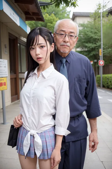 masterpiece, best quality, photorealistic, <lora:MyDress-UpDarling:0.8>, grampa, gojou wakana, kitasch, shopping, street, size difference, tied shirt