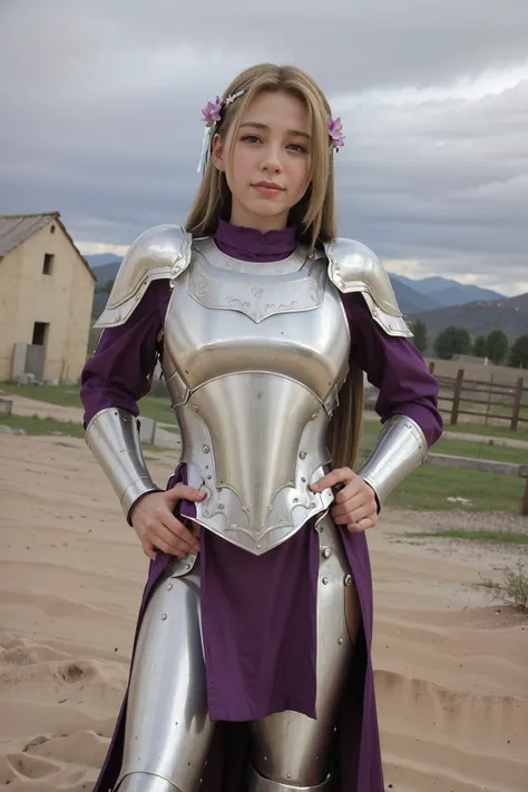 masterpiece, best quality, photorealistic, <lora:JoanOfArc-06:0.8>, Joan of Arc, 1girl, blonde hair, long hair, hair ornament, hair flower, medium breasts, solo, portrait, looking at viewer, slight smile, closed mouth, blush, hands on hips, purple undershirt, purple pants, armor, shoulder armor, pauldrons, breastplate, armored boots, pelvic curtain,, medieval, medieval farming village, farm, clouds, sky, paw pose