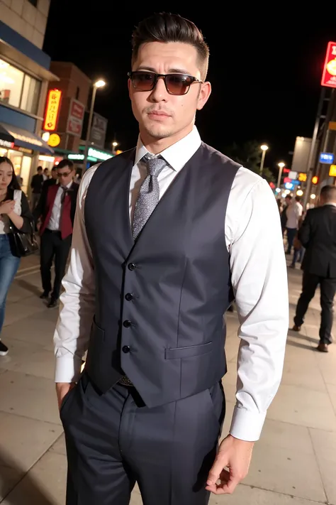 masterpiece, best quality, photorealistic, 1boy, adult male, stocky build, dress shirt, vest, sunglasses, in crowded and bustling downtown at night