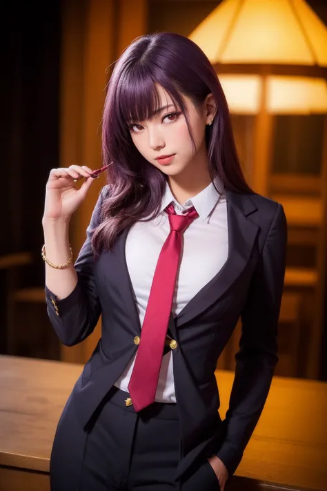 masterpiece, best quality, highly detailed, ultra high res, (photorealistic:1.8), unreal_engine, photograph, realistic_skin_texture, <lora:fate_scathach-10:1>, cowboy shot, solo, 1girl, scathach \(fate\), purple hair, gae bolg \(fate\), red eyes, cute, playboy bunny, slight smile, looking_at_viewer, cowboy shot, hand in pocket, long purple hair, red eyes, formal, suit, necktie, black pants , own hands together, lantern floating, <lora:SwampEscapeAA:0.6>