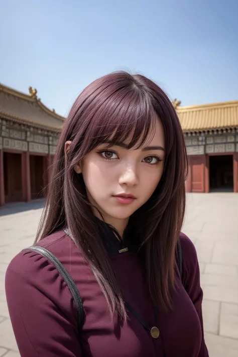 masterpiece, best quality, highly detailed, ultra high res, (photorealistic:1.8), unreal_engine, photograph, realistic_skin_texture, <lora:fate_scathach-10:1>, cowboy shot, solo, 1girl, scathach \(fate\), purple hair, gae bolg \(fate\), red eyes, cute, looking_at_viewer, looking at viewer, grey background, own hands together, simple background, shirt, closed mouth, upper body, jewelry, long sleeves , pray hand on hip, Forbidden City, <lora:SwampEscapeAA:0.6>