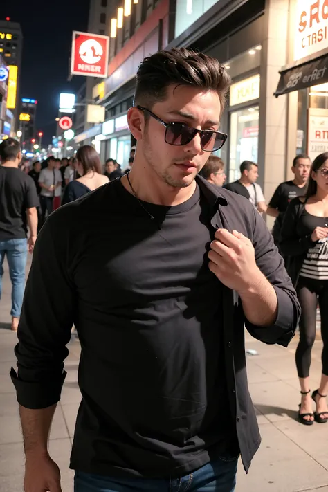 masterpiece, best quality, photorealistic, 1boy, adult male, stocky build, long-sleeved shirt, sunglasses, in crowded and bustling downtown at night