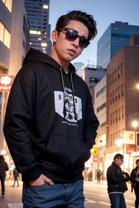 masterpiece, best quality, photorealistic, 1boy, adult male, stocky build, hoodie, sunglasses, in crowded and bustling downtown at night