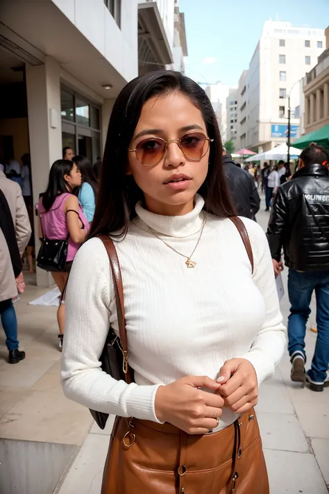 masterpiece, best quality, photorealistic, Citizen of the Dominican Republic, 1girl, adult woman, turtleneck, sunglasses, (in crowded and bustling downtown at day)
