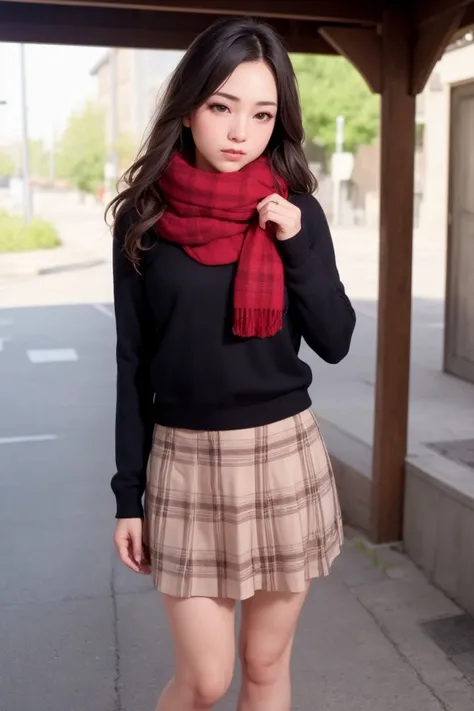 masterpiece, best quality, (photorealistic:1.8), unreal_engine, photograph, realistic_skin_texture, 1girl , (aegyo sal:1), cute, ((puffy eyes)), long wavy brown hair BREAK scarf, skirt, ring, basket, long skirt, jewelry, white skirt, holding, red scarf, sweater, looking at viewer, standing, bag, full body, plaid scarf, long sleeves, black footwear, outdoor