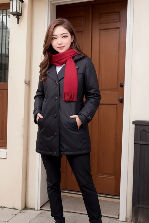 masterpiece, best quality, (photorealistic:1.8), 1girl , (aegyo sal:1), cute, ((puffy eyes)), short auburn hair BREAK scarf, smile, door, coat, black coat, black footwear, red scarf, red gloves, pants, gloves, standing, full body, indoors, shoes, long sleeves BREAK japanese face BREAK outdoor, unreal_engine, photograph, realistic_skin_texture