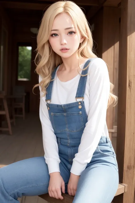 masterpiece, best quality, (photorealistic:1.8), unreal_engine, photograph, realistic_skin_texture, 1girl , (aegyo sal:1), cute, ((puffy eyes)), long wavy blond hair BREAK overalls, open mouth, sitting, striped shirt, denim, shirt, long sleeves, holding, white background, simple background, book, striped, outdoor