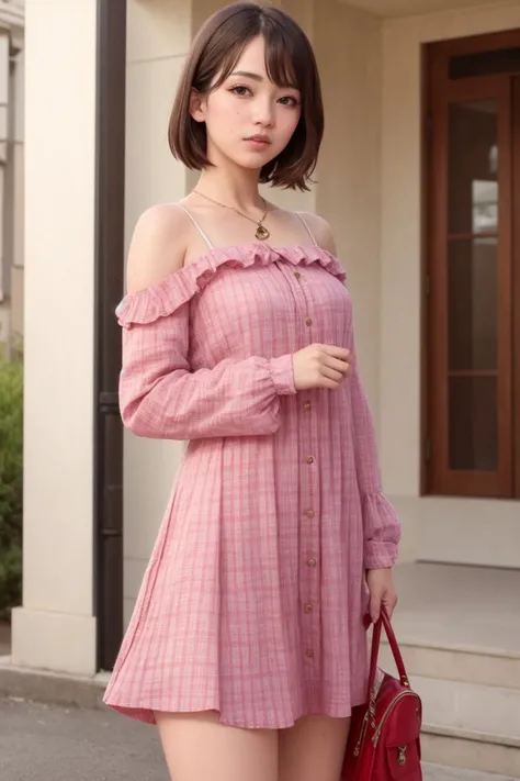 masterpiece, best quality, (photorealistic:1.8), unreal_engine, photograph, realistic_skin_texture, 1girl , (aegyo sal:1), cute, ((puffy eyes)), short blond hair BREAK dress, handbag, bag, plaid, parted lips, looking at viewer, plaid dress, long sleeves, outdoor