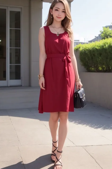 masterpiece, best quality, (photorealistic:1.8), unreal_engine, photograph, realistic_skin_texture, 1girl , (aegyo sal:1), cute, ((puffy eyes)), long wavy blond hair BREAK dress, red dress, bag, white background, smile, jewelry, handbag, sandals, simple background, bracelet, full body, sleeveless, necklace, standing, holding, sleeveless dress, facing viewer, outdoor