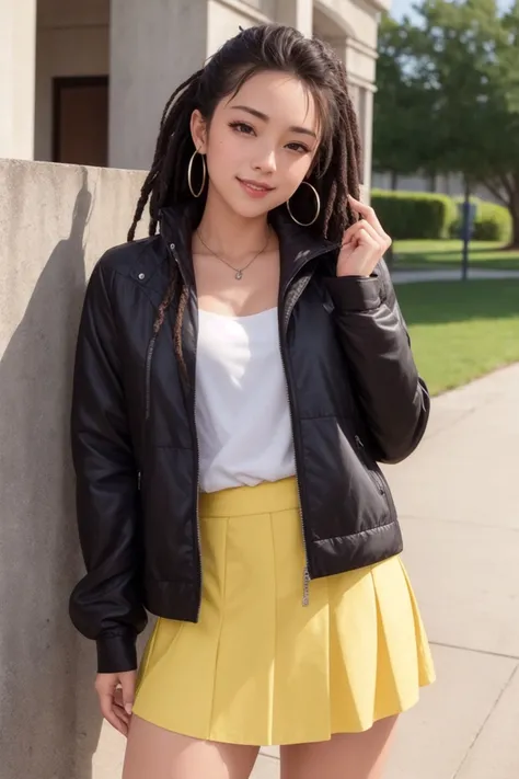 masterpiece, best quality, (photorealistic:1.8), unreal_engine, photograph, realistic_skin_texture, 1girl , (aegyo sal:1), cute, ((puffy eyes)), black dreadlocks BREAK skirt, shadow, yellow skirt, smile, outdoors, holding, long sleeves, jacket, looking at viewer, outdoor
