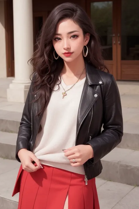 masterpiece, best quality, (photorealistic:1.8), unreal_engine, photograph, realistic_skin_texture, 1girl , (aegyo sal:1), cute, ((puffy eyes)), long curly brown hair BREAK skirt, jewelry, earrings, red skirt, smile, jacket, shirt, long skirt, standing, white shirt, sandals, long sleeves, black jacket, yellow footwear, facing viewer, toenail polish, sweater, full body, nail polish, holding clothes, toenails, holding, white sweater, print shirt, red lips, parted lips, outdoor