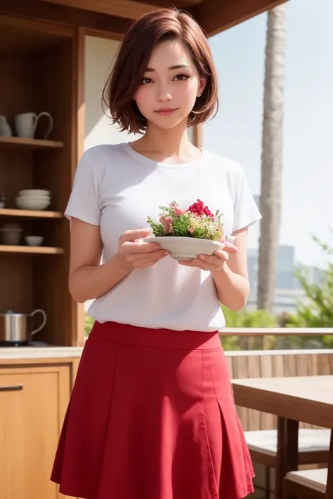 masterpiece, best quality, (photorealistic:1.8), unreal_engine, photograph, realistic_skin_texture, 1girl , (aegyo sal:1), cute, ((puffy eyes)), short auburn hair BREAK kitchen, food, indoors, eating, plant, sink, holding, skirt, table, shirt, plate, red skirt, cup, holding food, bowl, brown shirt, standing, restaurant, outdoor