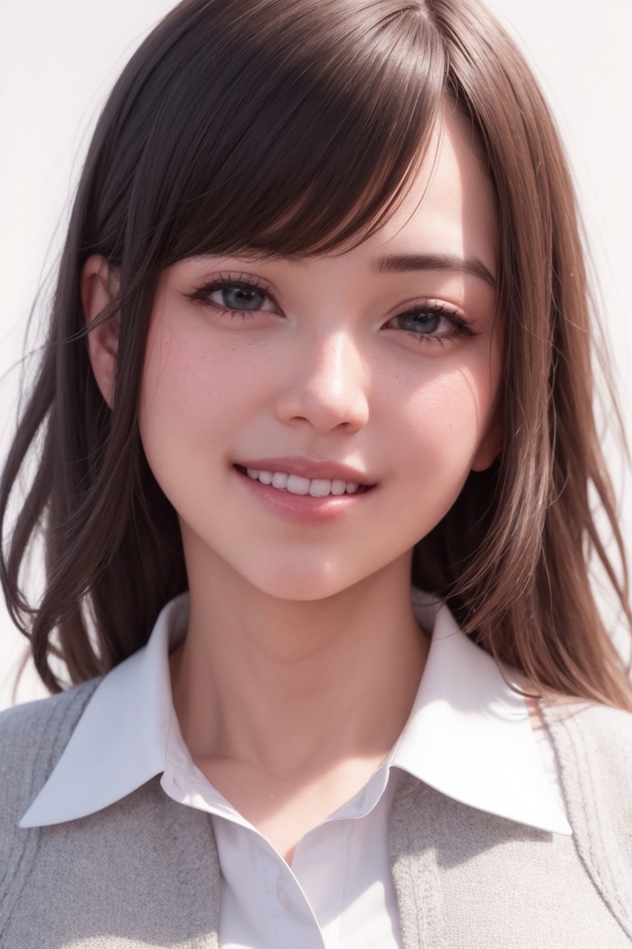 A woman with long hair and a white shirt smiling - SeaArt AI
