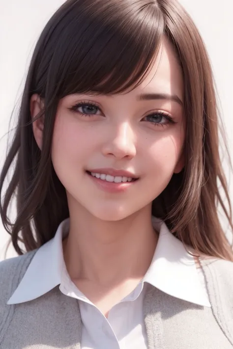 masterpiece, best quality, (photorealistic:1.8), unreal_engine, photograph, realistic_skin_texture, 1girl , (aegyo sal:1), cute, ((puffy eyes)), long wavy blond hair BREAK smile, shirt, white shirt, grin, teeth, white background, simple background, collared shirt, upper body, bangs, facing viewer, outdoor