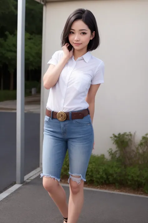 masterpiece, best quality, (photorealistic:1.8), unreal_engine, photograph, realistic_skin_texture, 1girl , (aegyo sal:1), cute, ((puffy eyes)), short black hair BREAK pants, shirt, white shirt, white background, sandals, blue pants, simple background, belt, nail polish, looking at viewer, full body, toenail polish, smile, head tilt, short sleeves, standing, toenails, collared shirt, shirt tucked in, arm up, black footwear, pocket, hand on own head, denim, arm behind head, outdoor