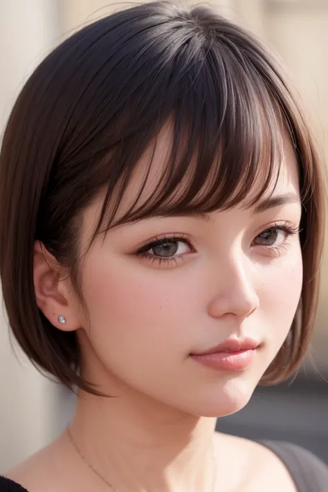 masterpiece, best quality, (photorealistic:1.8), unreal_engine, photograph, realistic_skin_texture, 1girl , (aegyo sal:1), cute, ((puffy eyes)), short brown hair BREAK lips, looking at viewer , bangs, closed mouth, simple background, outdoor