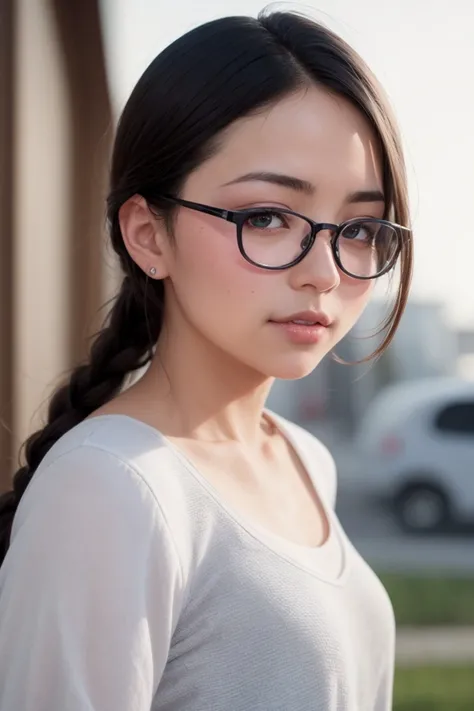 masterpiece, best quality, (photorealistic:1.8), unreal_engine, photograph, realistic_skin_texture, 1girl , (aegyo sal:1), cute, ((puffy eyes)), gray braids BREAK glasses, looking at viewer, shirt, round eyewear, sleeves past wrists, long sleeves, green eyes, shadow, upper body, white shirt, outdoor