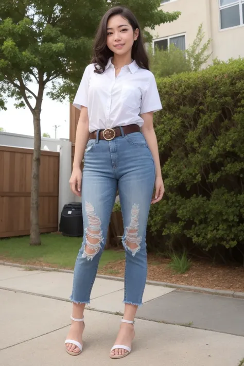 masterpiece, best quality, (photorealistic:1.8), 1girl , (aegyo sal:1), cute, ((puffy eyes)), long curly blond hair BREAK pants, shirt, white shirt, white background, sandals, blue pants, simple background, belt, nail polish, looking at viewer, full body, toenail polish, smile, head tilt, short sleeves, standing, toenails, collared shirt, shirt tucked in, arm up, black footwear, pocket, hand on own head, denim, arm behind head BREAK japanese face BREAK outdoor, unreal_engine, photograph, realistic_skin_texture