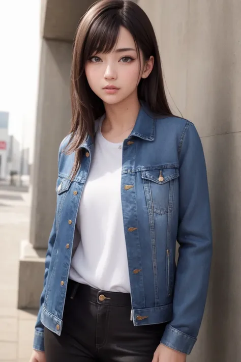 masterpiece, best quality, (photorealistic:1.8), unreal_engine, photograph, realistic_skin_texture, 1girl , (aegyo sal:1), cute, ((puffy eyes)), bold BREAK denim, jacket, denim jacket, pants, shirt, looking at viewer, jeans, white shirt, long sleeves, black jacket, bangs, outdoor
