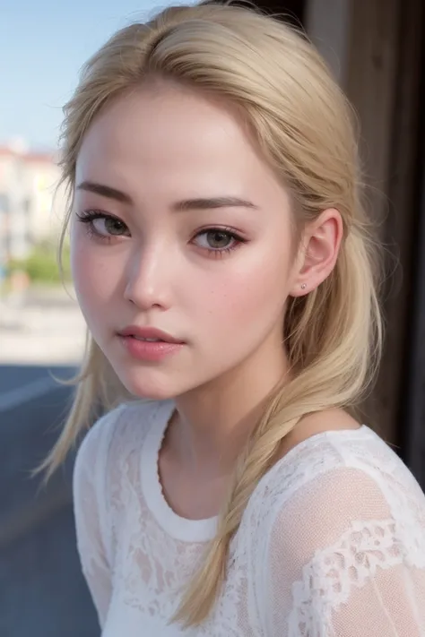 masterpiece, best quality, (photorealistic:1.8), unreal_engine, photograph, realistic_skin_texture, 1girl , (aegyo sal:1), cute, ((puffy eyes)), blond dreadlocks BREAK teeth , injury, outdoor