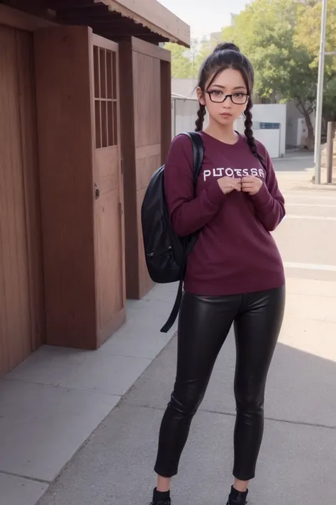 masterpiece, best quality, (photorealistic:1.8), unreal_engine, photograph, realistic_skin_texture, 1girl , (aegyo sal:1), cute, ((puffy eyes)), brown braids BREAK glasses, backpack, black footwear, pants, bag, sleeves past wrists, shoes, black pants, shirt, long sleeves, standing, white shirt, full body, sweater, black-framed eyewear, black bag, looking at viewer, hand in pocket, bangs, shadow, red sweater, outdoor