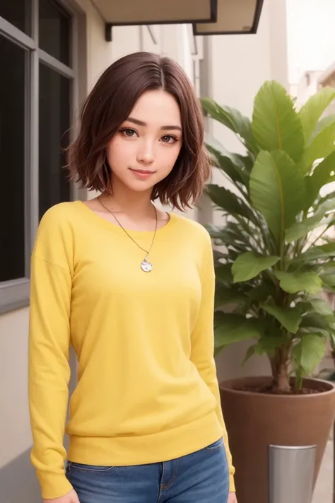 masterpiece, best quality, (photorealistic:1.8), unreal_engine, photograph, realistic_skin_texture, 1girl , (aegyo sal:1), cute, ((puffy eyes)), short auburn hair BREAK smile, shirt, phone, long sleeves, cup, plant, potted plant, table, cellphone, white background, sweater, yellow shirt, outdoor