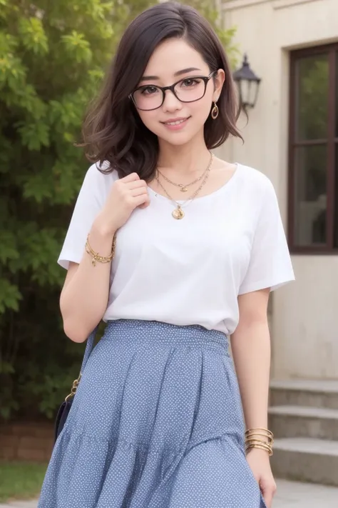 masterpiece, best quality, (photorealistic:1.8), unreal_engine, photograph, realistic_skin_texture, 1girl , (aegyo sal:1), cute, ((puffy eyes)), brown undercut BREAK bag, glasses, shirt, smile, white shirt, jewelry, skirt, bracelet, handbag, polka dot, teeth, blue skirt, polka dot skirt, grin, standing, outdoor