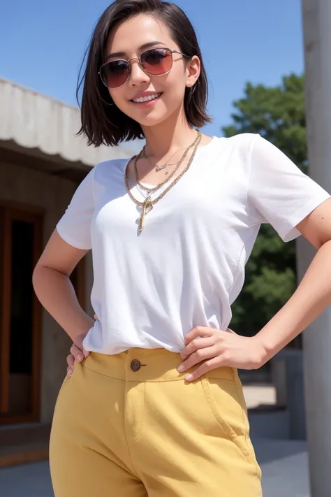 masterpiece, best quality, (photorealistic:1.8), unreal_engine, photograph, realistic_skin_texture, 1girl , (aegyo sal:1), cute, ((puffy eyes)), black buzzcut BREAK sunglasses, shirt, striped shirt, jewelry, hands on hips, smile, striped, necklace, simple background, grin, teeth, pants, upper body, white shirt, outdoor