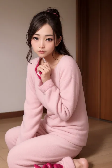 masterpiece, best quality, (photorealistic:1.8), unreal_engine, photograph, realistic_skin_texture, 1girl , (aegyo sal:1), cute, ((puffy eyes)), brown braids BREAK cup, slippers, sitting, pajamas, head rest, looking at viewer, simple background, white background, long sleeves, indian style, teacup, saucer, hand on own face, outdoor