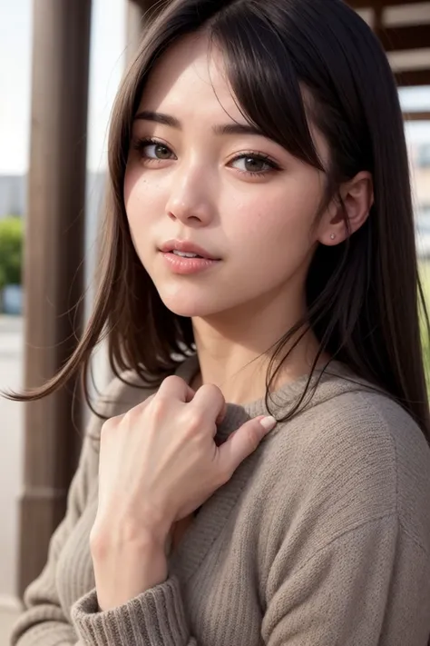 masterpiece, best quality, (photorealistic:1.8), 1girl , (aegyo sal:1), cute, ((puffy eyes)), long wavy black hair BREAK ring, jewelry, looking at viewer, sleeves past wrists, sweater, head tilt, long sleeves, blurry, parted lips BREAK japanese face BREAK outdoor, unreal_engine, photograph, realistic_skin_texture