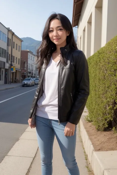 masterpiece, best quality, (photorealistic:1.8), 1girl , (aegyo sal:1), cute, ((puffy eyes)), black dreadlocks BREAK bicycle, photo background, pants, ground vehicle, smile, shoes, outdoors, shirt, white footwear, jacket, standing, blue pants, building, full body, bag, blurry, long sleeves BREAK japanese face BREAK outdoor, unreal_engine, photograph, realistic_skin_texture