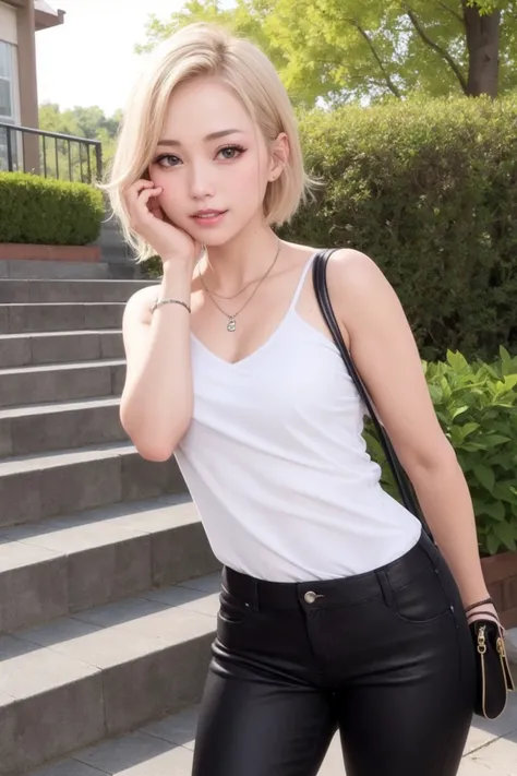 masterpiece, best quality, (photorealistic:1.8), unreal_engine, photograph, realistic_skin_texture, 1girl , (aegyo sal:1), cute, ((puffy eyes)), blond buzzcut BREAK pants, stairs, bag, black pants, shirt, smile, railing, handbag, holding, standing, hand on own face, looking at viewer, full body, shoes, black footwear, clothes hanger, open mouth, outdoor