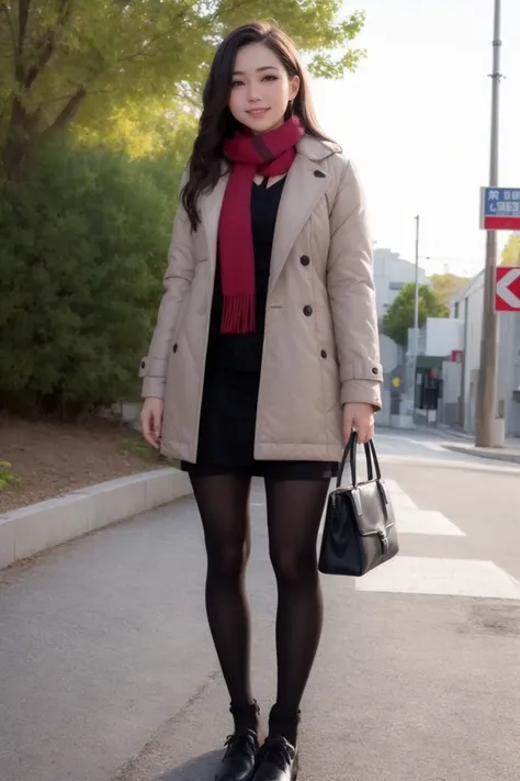 masterpiece, best quality, (photorealistic:1.8), unreal_engine, photograph, realistic_skin_texture, 1girl , (aegyo sal:1), cute, ((puffy eyes)), long brown hair BREAK red socks, bag, socks, black footwear, smile, shoes, full body, standing, holding, fashion, coat, holding bag, handbag, scarf, grey scarf, outdoor