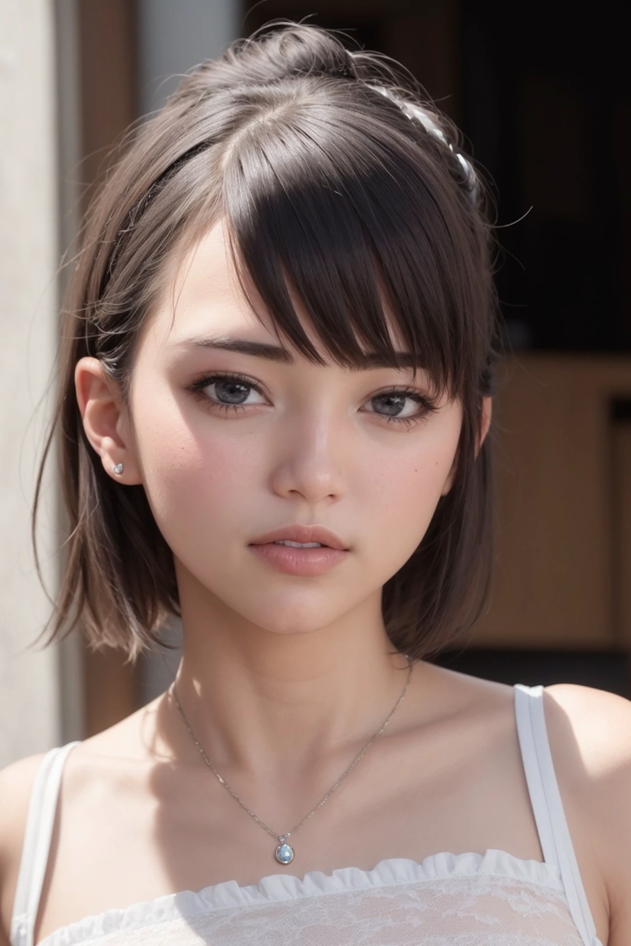 masterpiece, best quality, (photorealistic:1.8), unreal_engine, photograph, realistic_skin_texture, 1girl , (aegyo sal:1), cute, ((puffy eyes)), black undercut BREAK ring, jewelry, looking at viewer, bangs, parted lips, outdoor