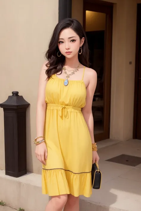 masterpiece, best quality, (photorealistic:1.8), unreal_engine, photograph, realistic_skin_texture, 1girl , (aegyo sal:1), cute, ((puffy eyes)), long wavy blond hair BREAK dress, jewelry, earrings, yellow dress, bag, looking at viewer, handbag, black footwear, shoes, bracelet, standing, full body, holding, sleeveless, outdoor